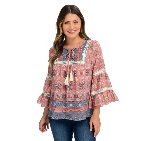 One World Orange Blue Woven Ruffle Sleeve Tassel Neck Top Bell Sleeves  large - Picture 1 of 11